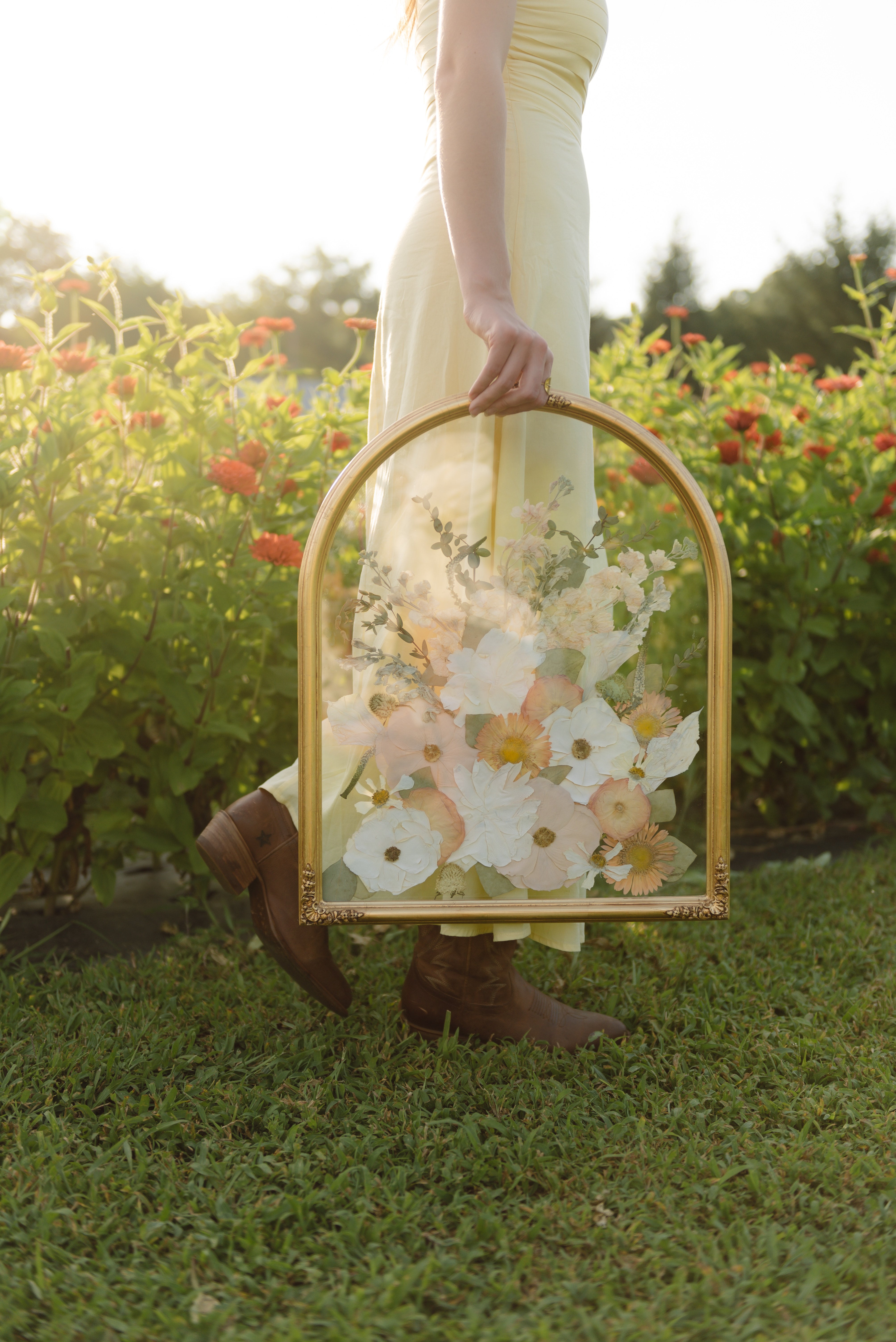 Framed pressed floral bouquet for wedding bouquet preservation