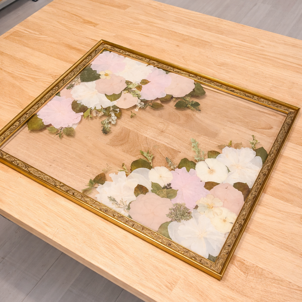 Decorative pressed flower frame with floral design on a wooden table