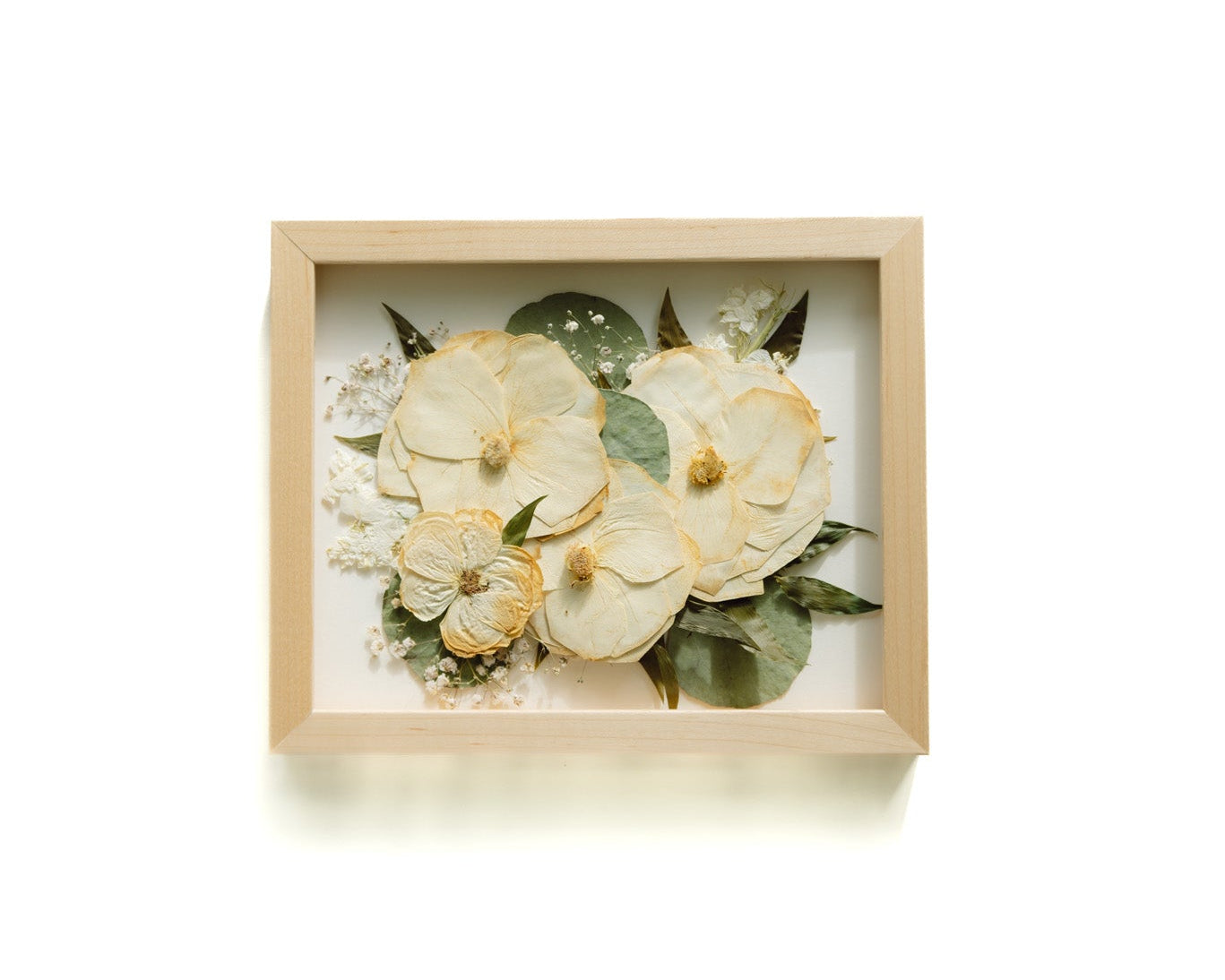 Decorative wall art with pressed flowers in a wooden frame on a white background